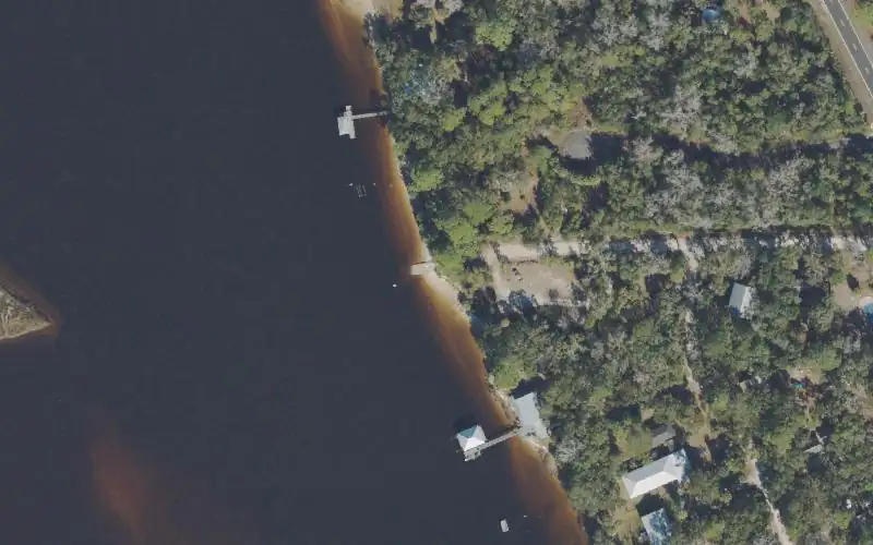Aerial photo of the area around Brothers Three Public Boat Ramp (aka. Roho Road), Wakulla County