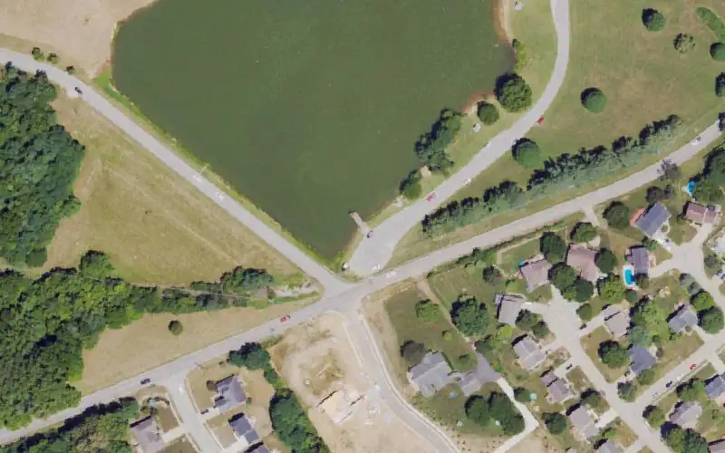 Aerial photo of the area around Camp Ernst Lake Fishing Pier, Boone County