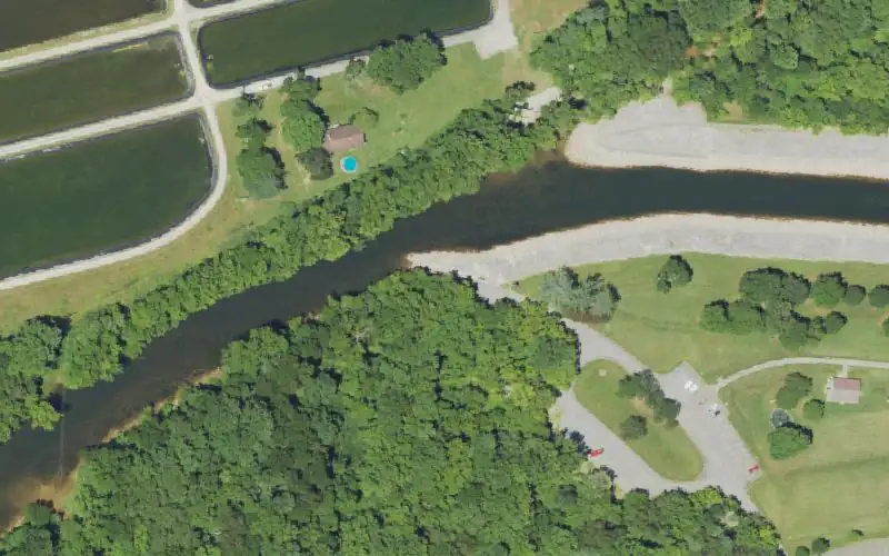 Aerial photo of the area around Cave Run Lake tailwater, Rowan County