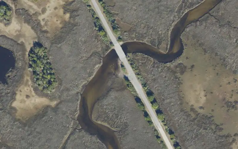 Aerial photo of the area around Cow Creek Primitive Launch Site (shallow tidal creek), Dixie County