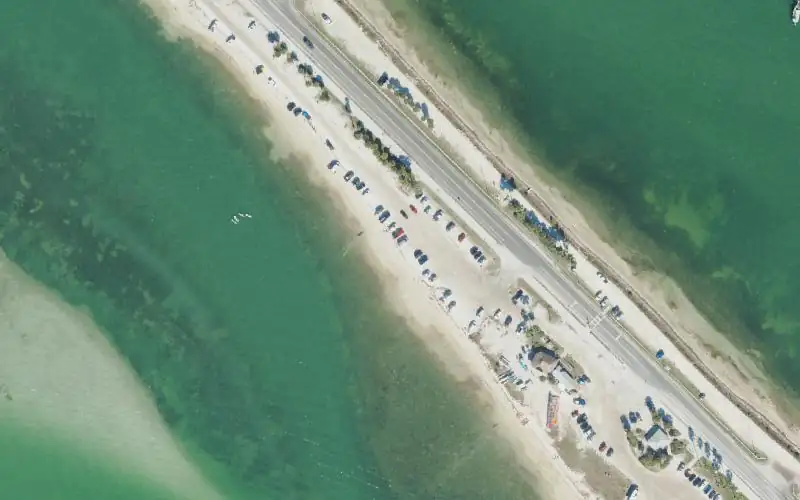 Aerial photo of the area around Dunedin Causeway Non-Motorized Watercraft Launching Beach (small sailboats), Pinellas County