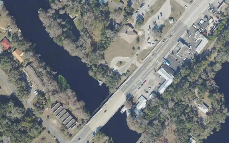Aerial photo of the area around Dunnellon Centennial Park and Boat Ramp, Marion County