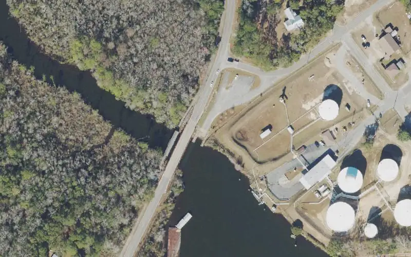 Aerial photo of the area around Four Mile Creek Landing on Highway 83A, Walton County