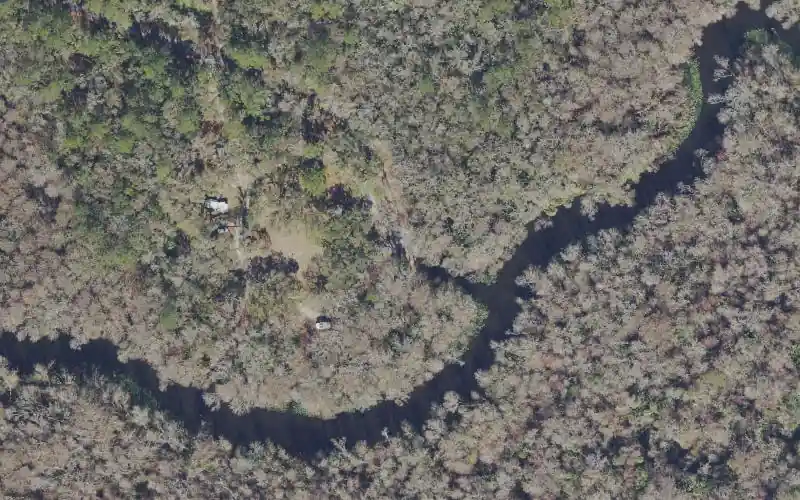 Aerial photo of the area around Gores Landing Campground and Boat Ramp, Marion County