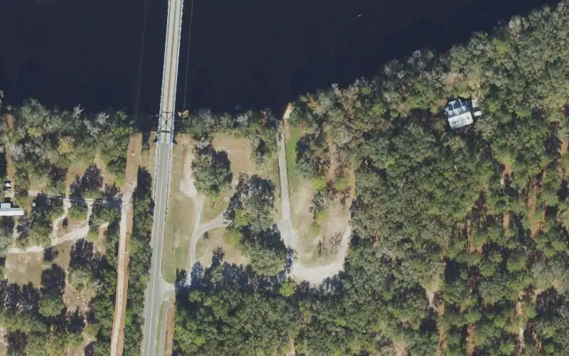 Aerial photo of the area around Hal Adams Bridge Public Boat Ramp, Lafayette County