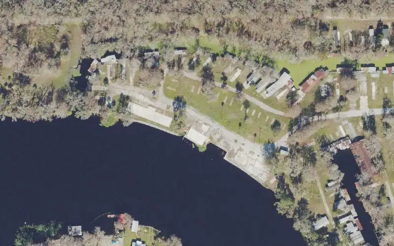 Aerial photo of the area around Jungle Den Motel and RV Park, Volusia County