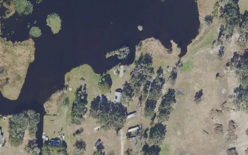 Aerial photo of the area around Lakeshore Fish Camp (water no longer reaches ramp), Marion County