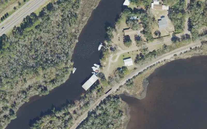 Aerial photo of the area around Marquis Bayou Boat House, Santa Rosa County