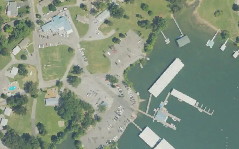 Aerial photo of the area around Moor's Resort, Marshall County