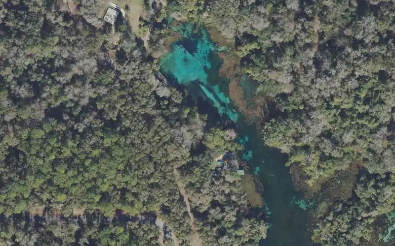 Aerial photo of the area around Rainbow Springs State Park - Headwaters Canoe Launch, Marion County