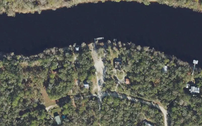 Aerial photo of the area around Rock Bluff Public Boat Ramp (Dixie County), Dixie County