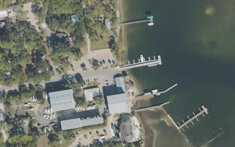 Aerial photo of the area around Rock Landing Boat Ramp and Pier at Panacea, Wakulla County