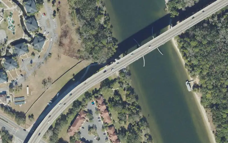 Aerial photo of the area around St Joe Walkway - Public Parking - Kayak Beach under Hammock Dunes Bridge, Flagler County