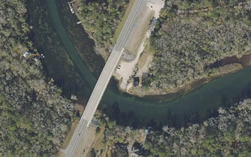Aerial photo of the area around Wakulla River Lower Bridge Boat Ramp, Wakulla County